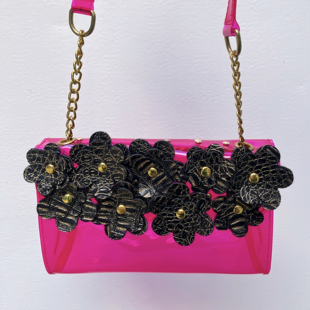 Handcrafted Vinyl Handbag with 3D Flowers